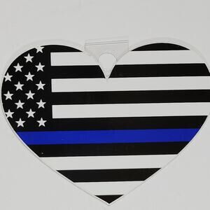 Thin Blue Line American Flag Heart Decal, 5"x3.75" Adhesive Back, Outside Window